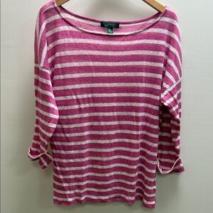 Lauren Ralph Lauren Pink and White Striped Boatneck Pullover XL